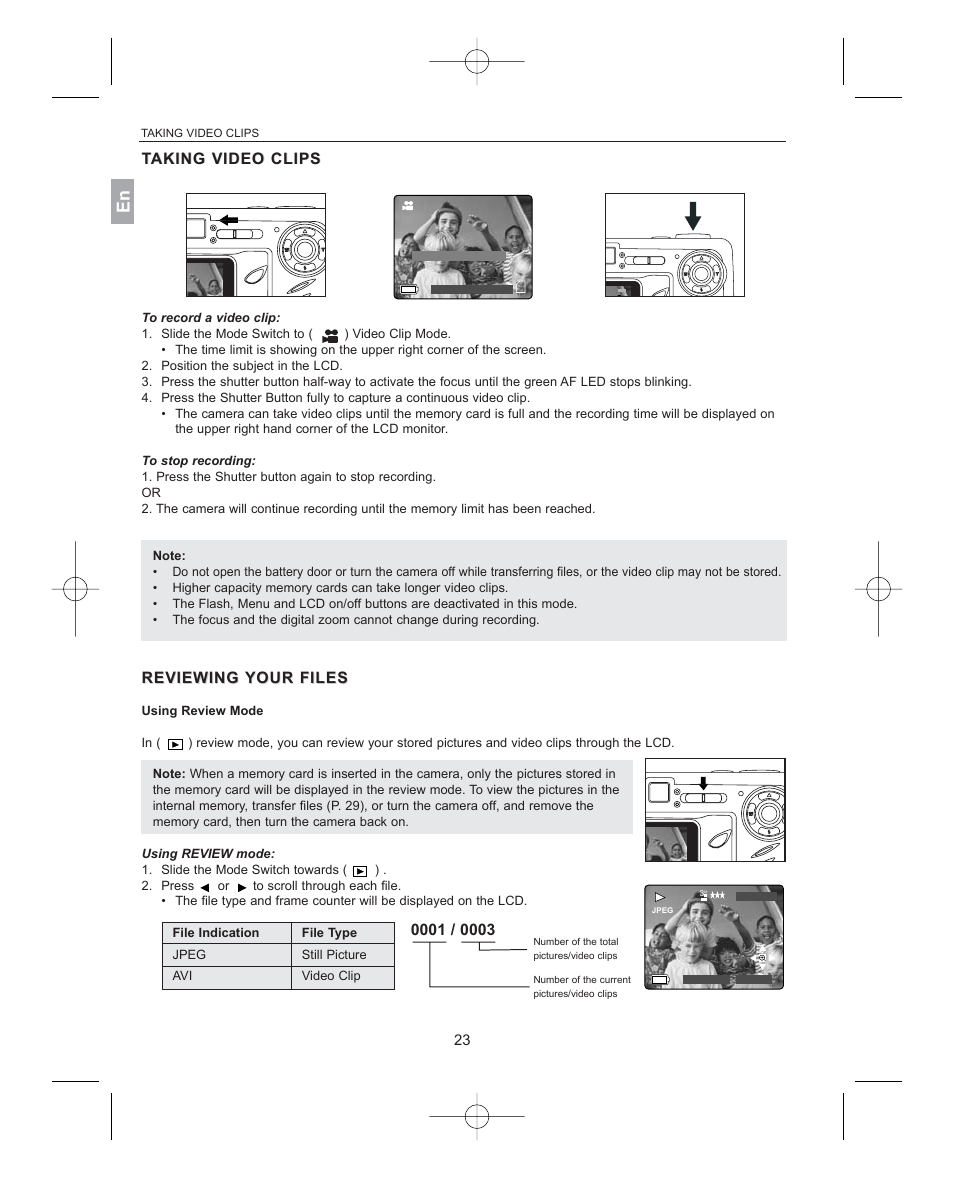Taking video aking video clips, Reviewing your your files, Using review mode | Taking video clips aking video clips, Reviewing, Reviewing your files your files, Taking video clips | Concord Camera 3341z User Manual | Page 24 / 61