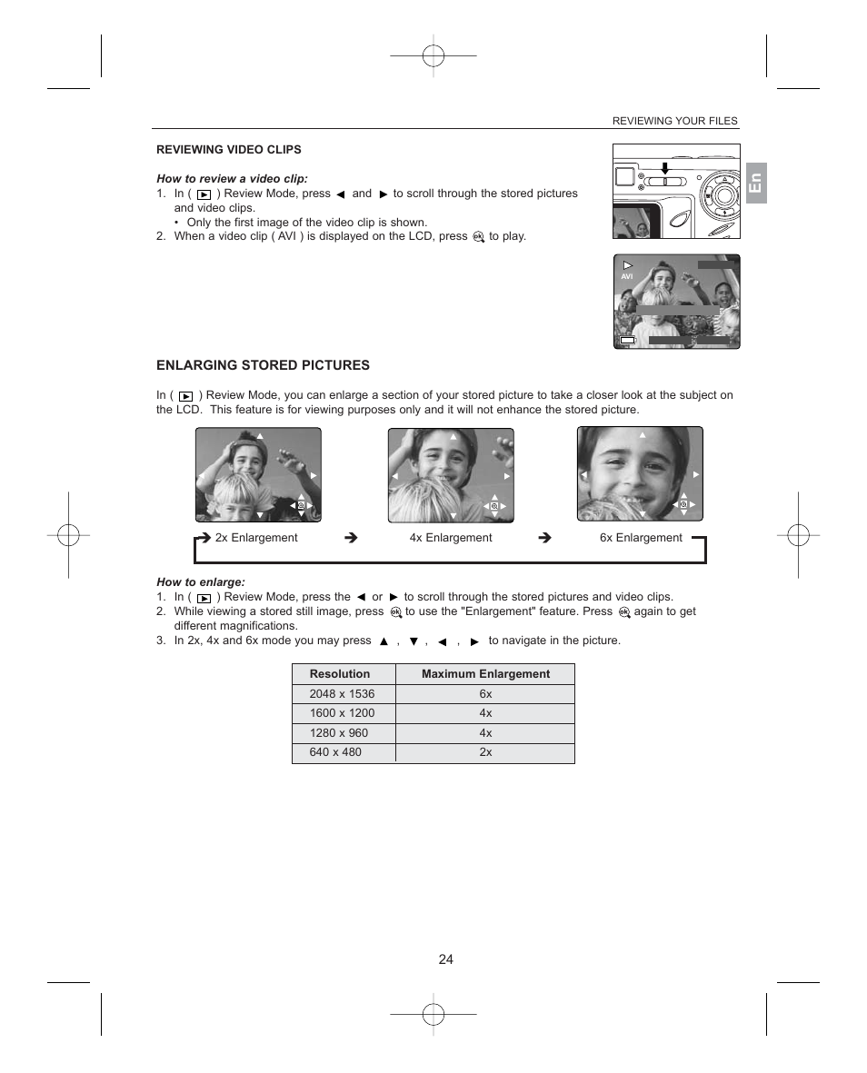 Reviewing video clips, Enlarging stored pictures, 2x enlargement 4x enlargement 6x enlargement | Concord Camera 3341z User Manual | Page 25 / 61