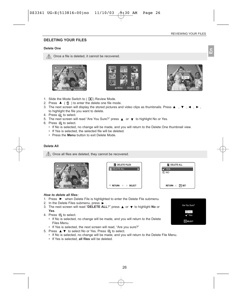 Deleting your files, Delete one, Delete all | Concord Camera 3341z User Manual | Page 27 / 61