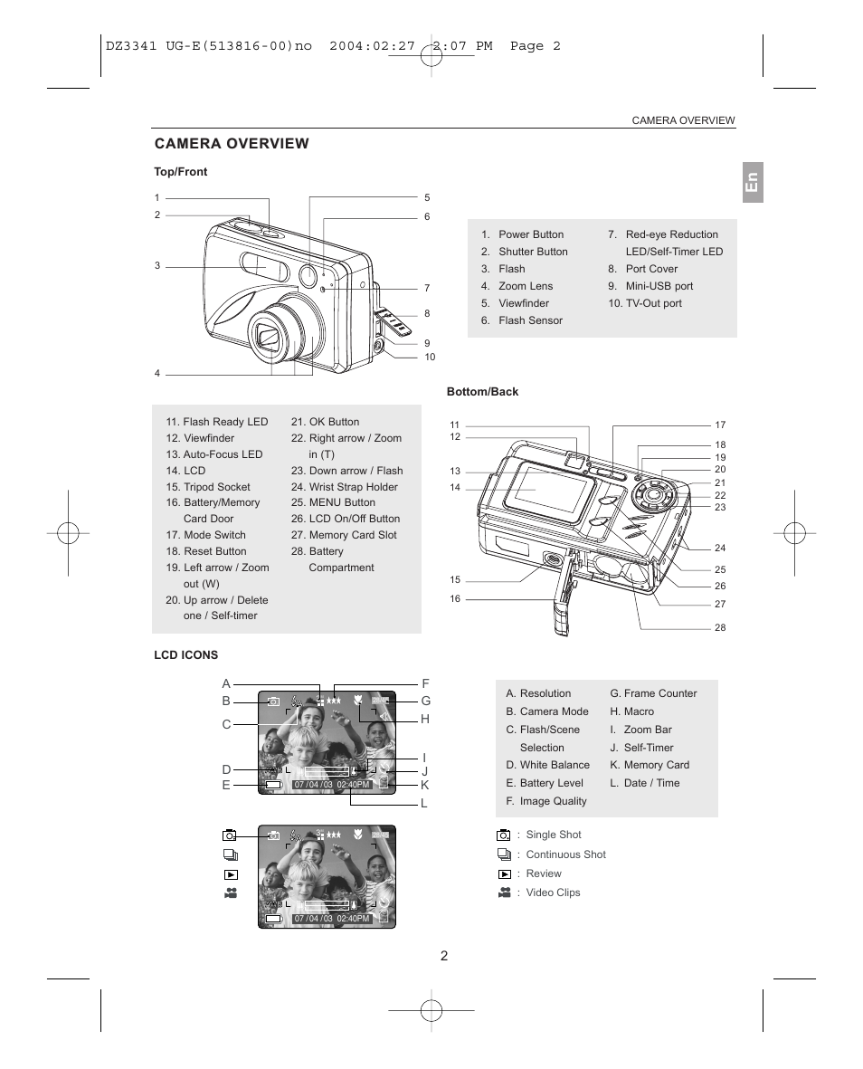 Camera camera overview, Top/front, Bottom/back | Lcd icons, Camera, Camera over over view view | Concord Camera 3341z User Manual | Page 3 / 61