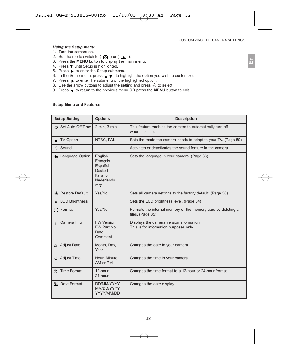 Using the setup menu, Setup menu and features | Concord Camera 3341z User Manual | Page 33 / 61
