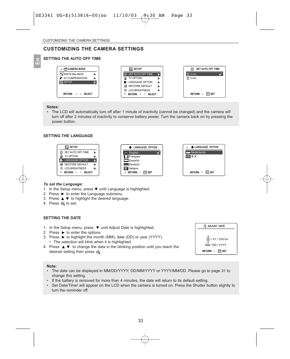 Setting the auto off time, Setting the language, Setting the date | Cust | Concord Camera 3341z User Manual | Page 34 / 61