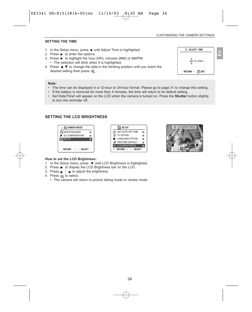 Setting the time, Setting the lcd brightness | Concord Camera 3341z User Manual | Page 35 / 61