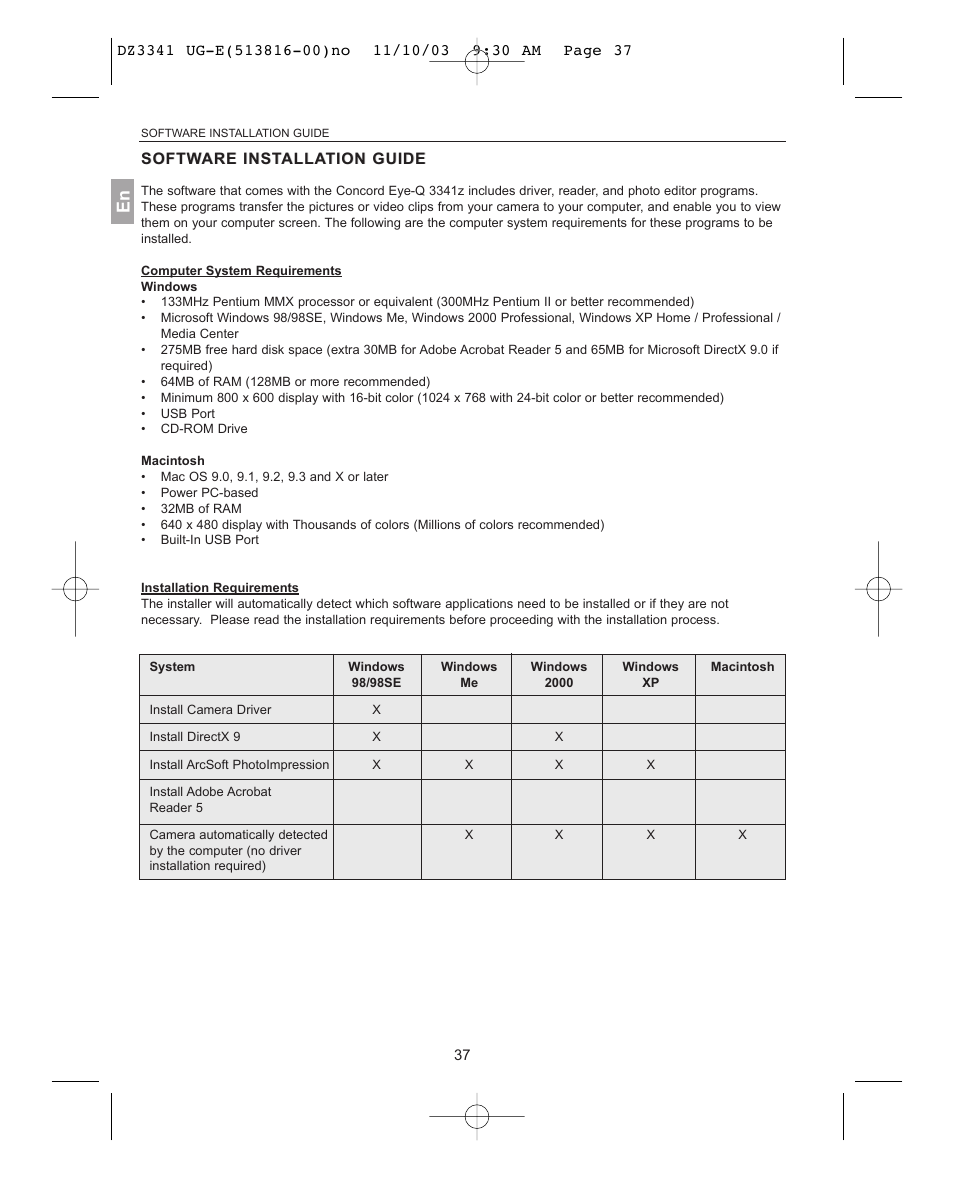 Computer system requirements, Installation requirements | Concord Camera 3341z User Manual | Page 38 / 61