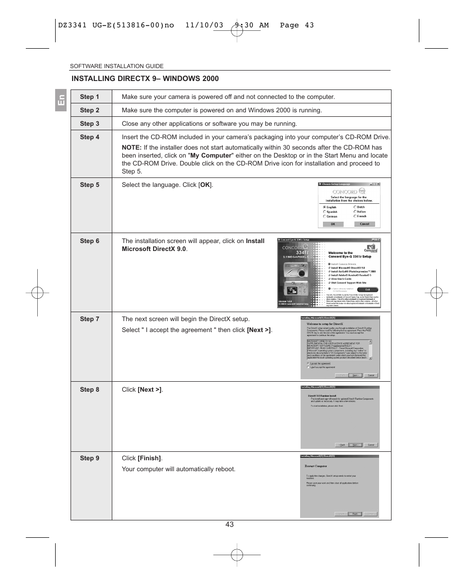 Installing directx 9– windows 2000 | Concord Camera 3341z User Manual | Page 44 / 61