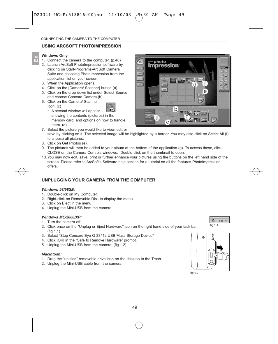 Using arcsoft photoimpression, Unplugging your camera from the computer | Concord Camera 3341z User Manual | Page 50 / 61