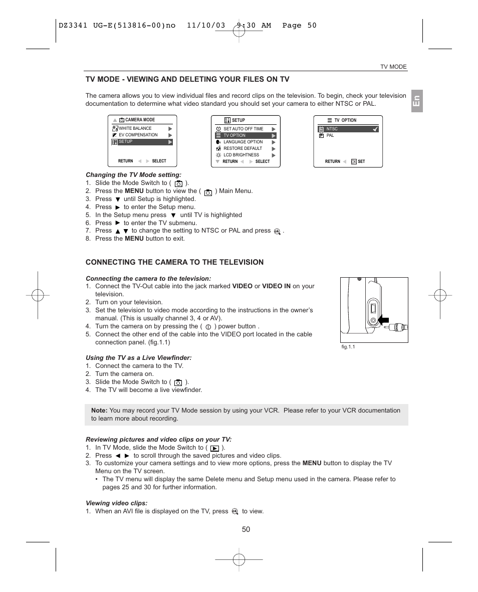 Tv mode, Changing the tv mode setting, Connecting the camera to the television | Using the tv as a live viewfinder, Reviewing pictures and video clips on your tv, Viewing video clips, Tv mode - viewing and deleting your files on tv | Concord Camera 3341z User Manual | Page 51 / 61