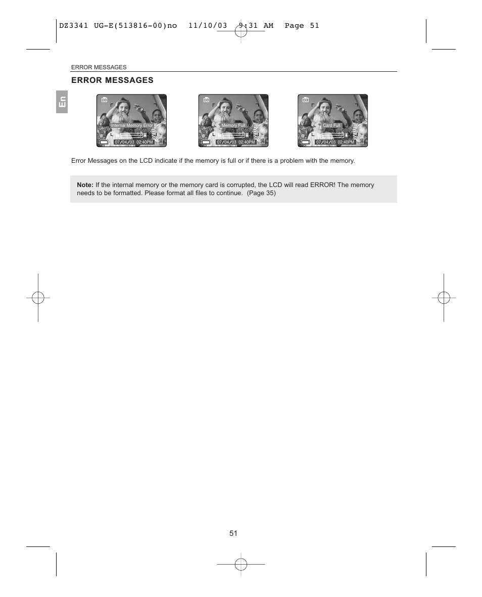 Error error messages, Error messages | Concord Camera 3341z User Manual | Page 52 / 61