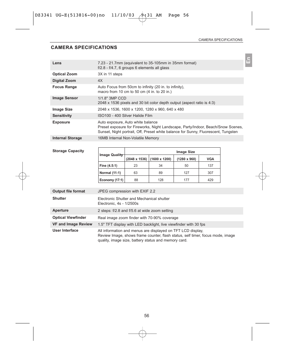 Camera camera specifications | Concord Camera 3341z User Manual | Page 57 / 61