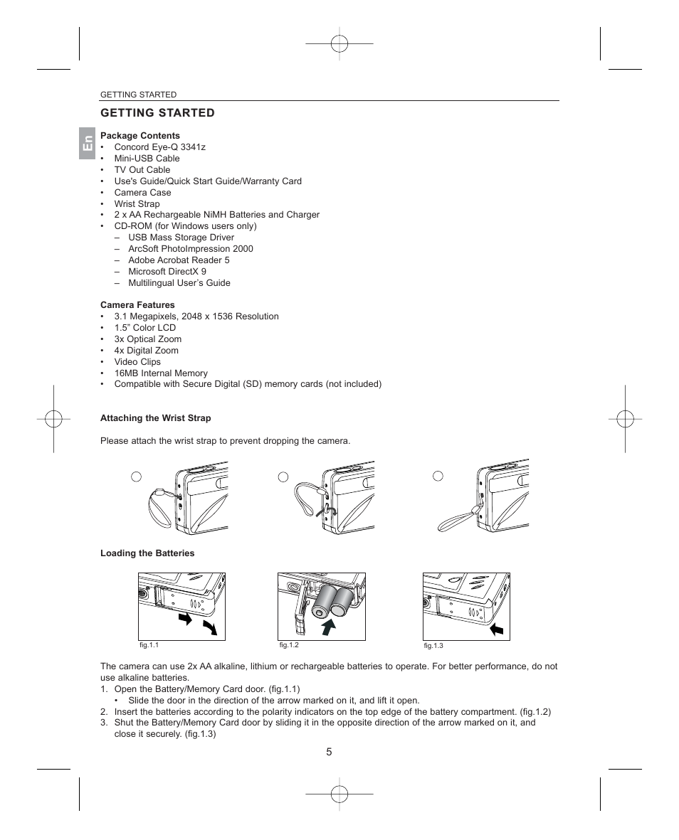 Getting getting started, Package contents, Camera features | Attaching the wrist strap, Loading the batteries, Getting st, Getting st arted arted, Getting started | Concord Camera 3341z User Manual | Page 6 / 61