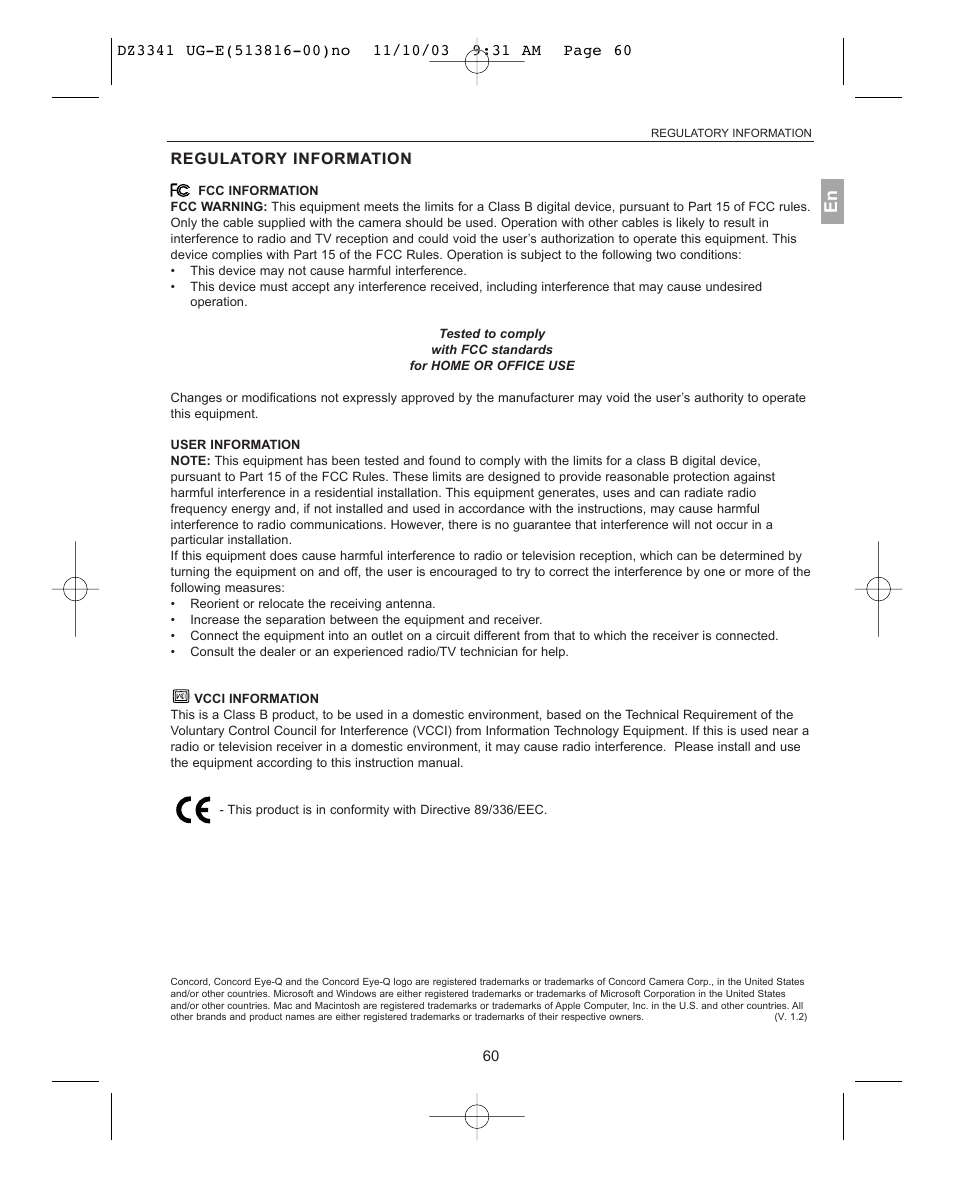 Regula regulator ory information | Concord Camera 3341z User Manual | Page 61 / 61
