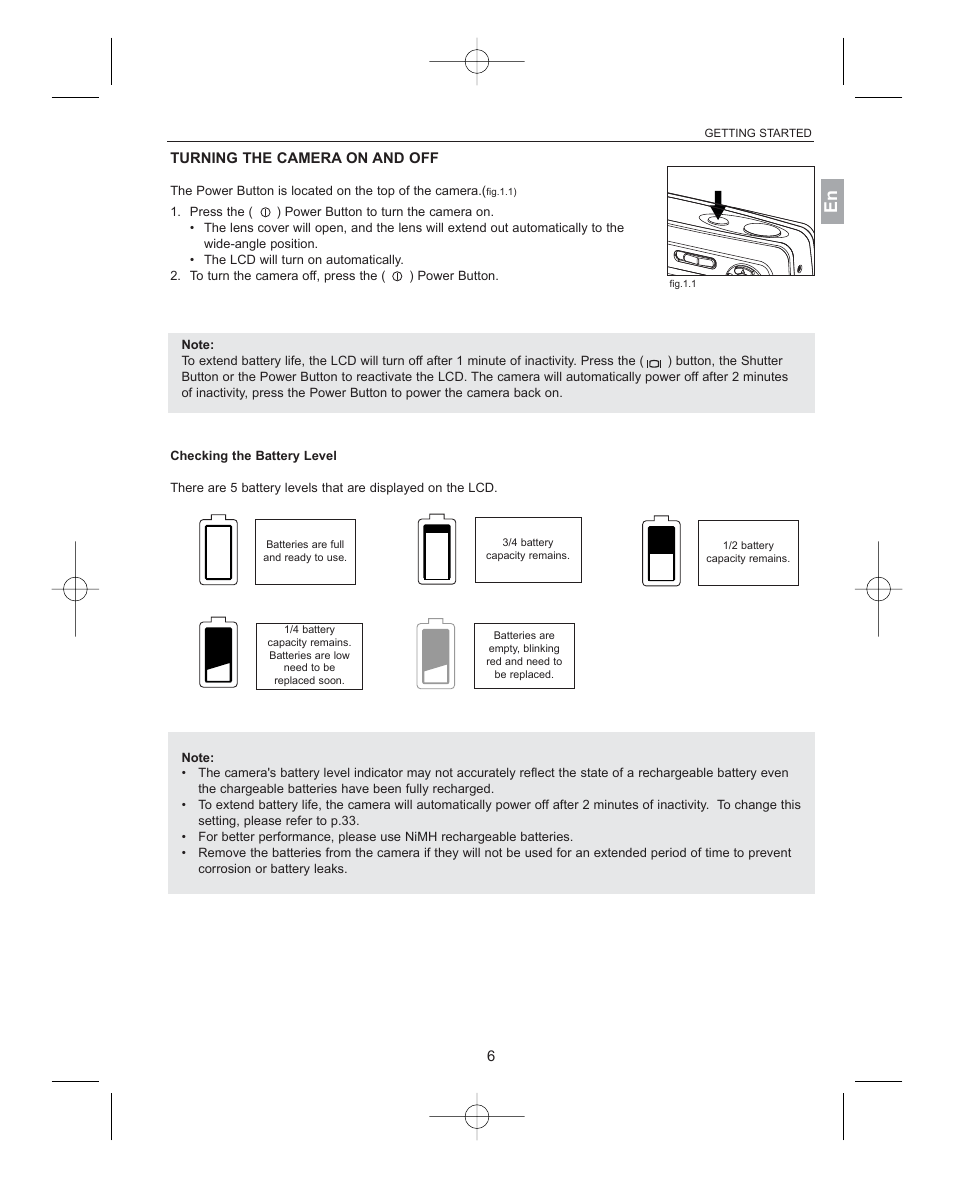 Turning the camera on and off, Checking the battery level | Concord Camera 3341z User Manual | Page 7 / 61