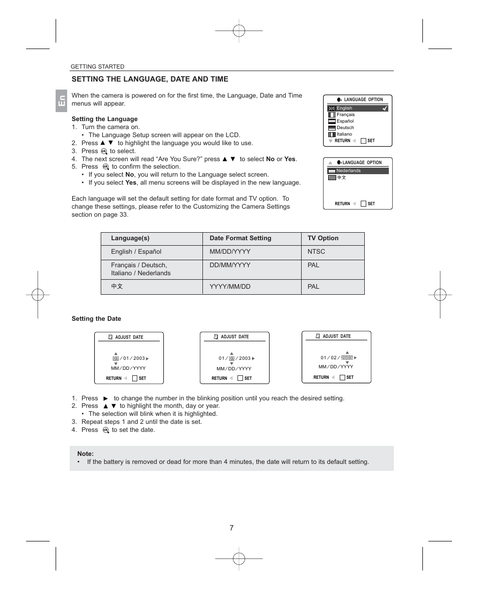 Setting the language, date and time, Setting the language, Setting the date | Concord Camera 3341z User Manual | Page 8 / 61