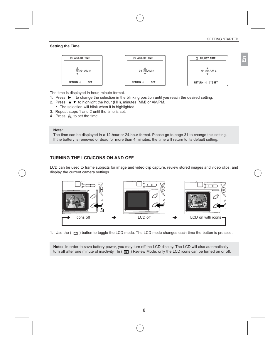 Setting the time a awb, Turning the lcd/icons on and off, Icons off lcd off lcd on with icons | Getting started | Concord Camera 3341z User Manual | Page 9 / 61