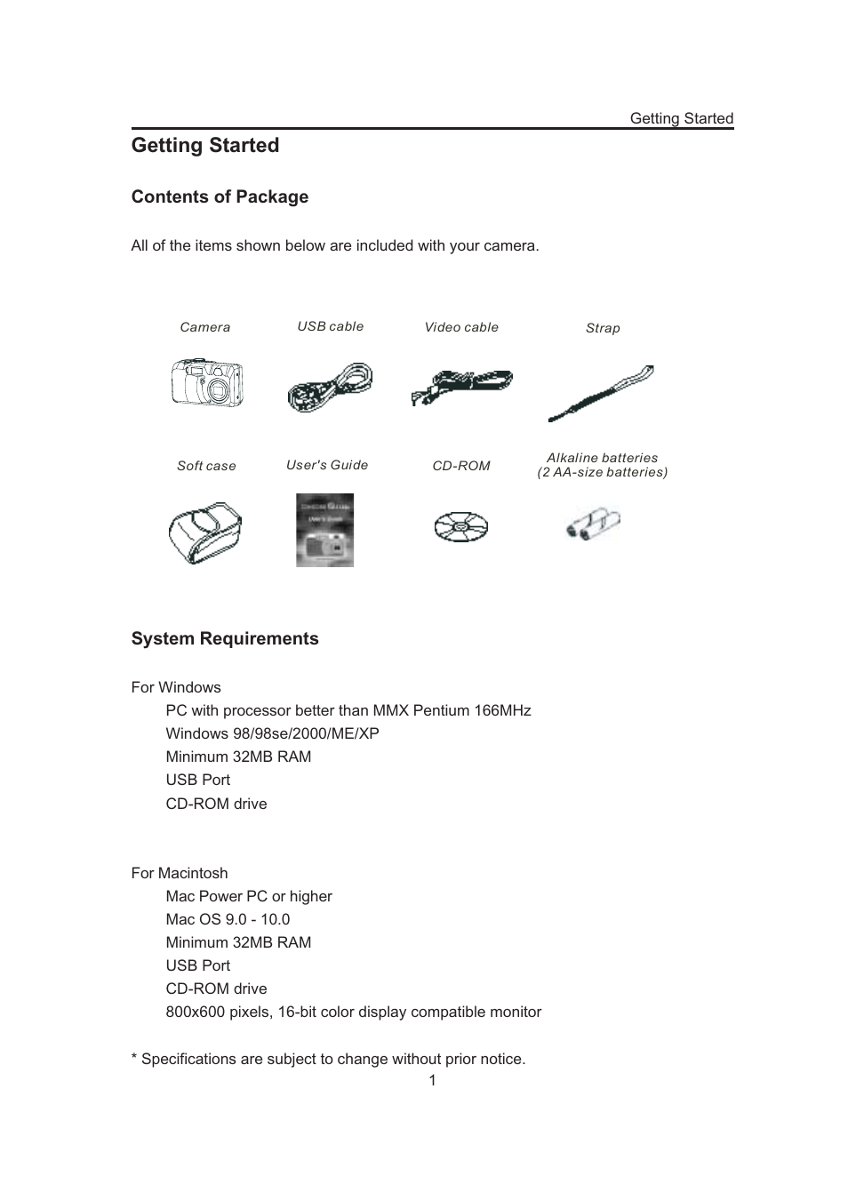Getting started, Contents of package, System requirements | Concord Camera 3132z User Manual | Page 6 / 68