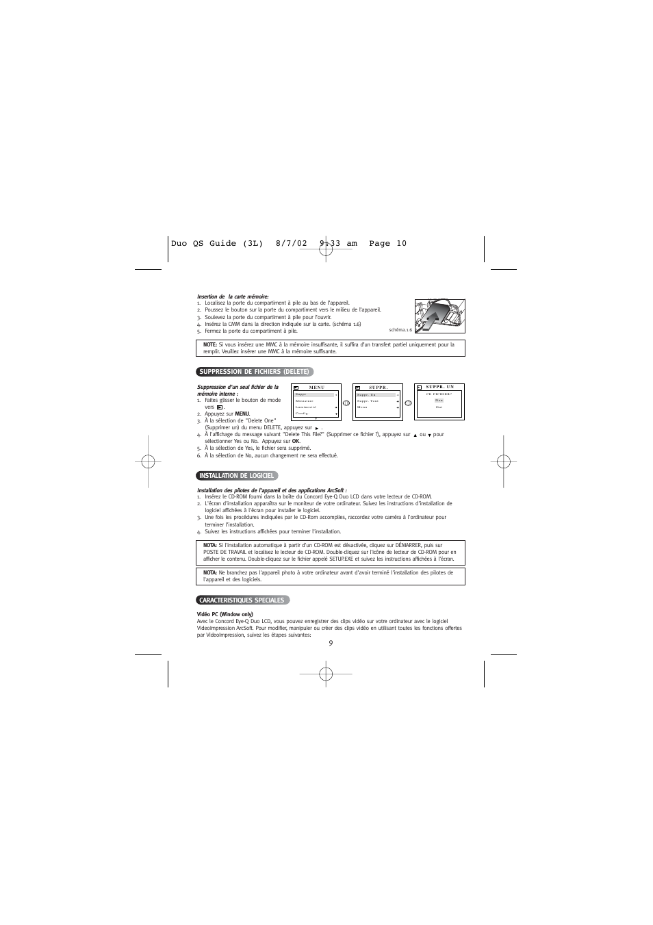 Suppression de fichiers (delete), Installation de logiciel, Caracteristiques speciales | Vidéo pc (window only) | Concord Camera Eye Q Duo 1.3 Mega Pixels Camera User Manual | Page 11 / 18