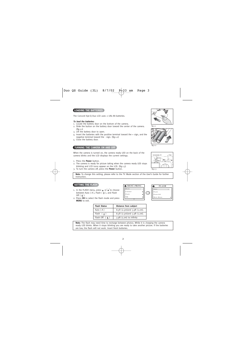 Loading the batteries, Turning the camera on and off, Setting the flash | Concord Camera Eye Q Duo 1.3 Mega Pixels Camera User Manual | Page 4 / 18