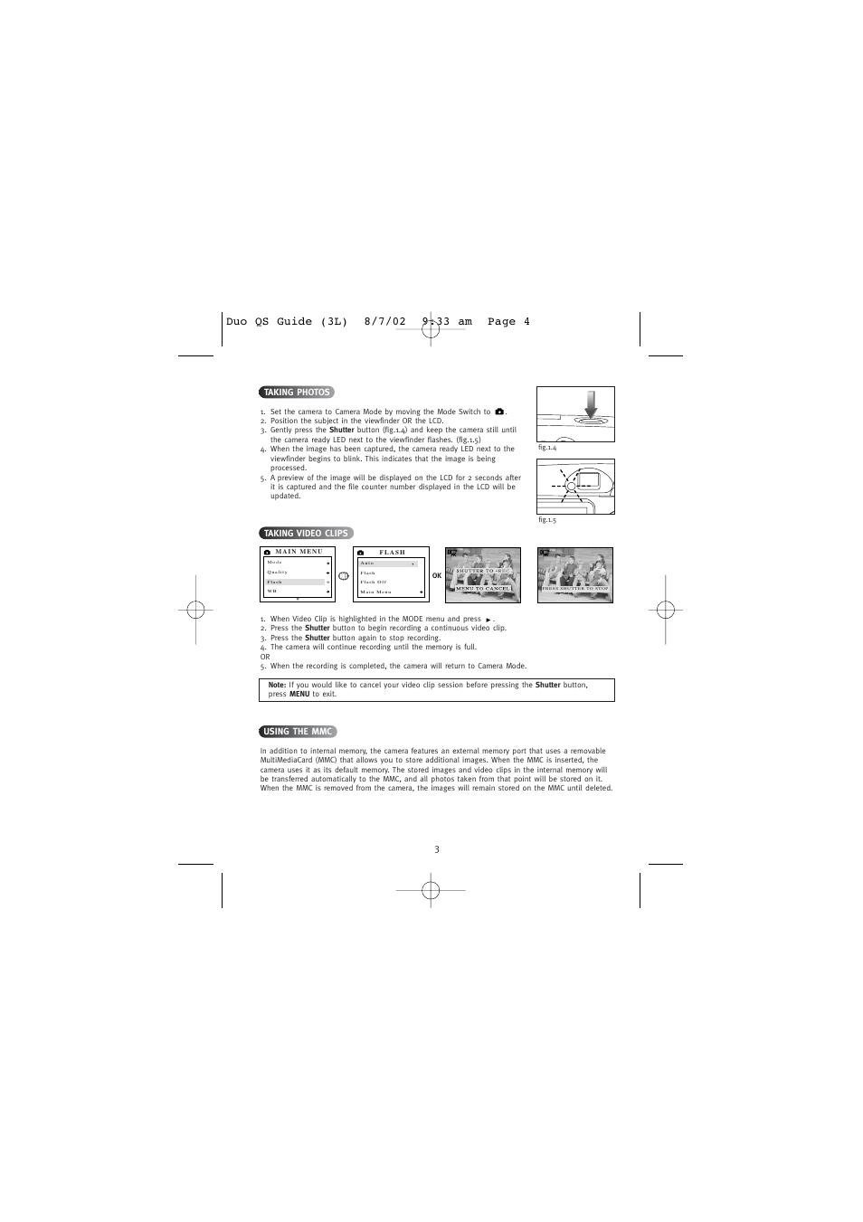 Taking photos, Taking video clips, Using the mmc | Concord Camera Eye Q Duo 1.3 Mega Pixels Camera User Manual | Page 5 / 18