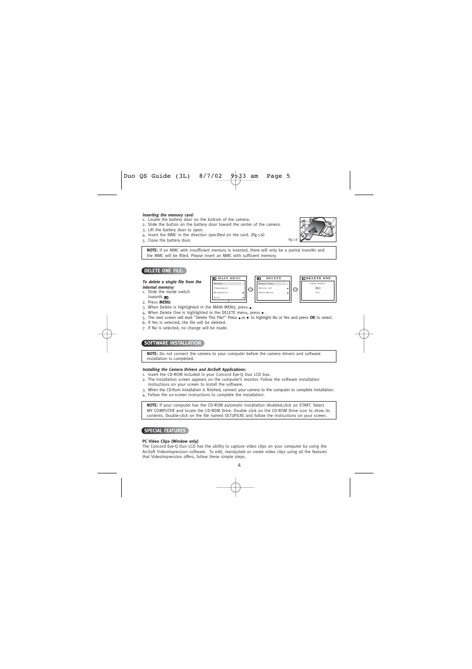 Delete one file, Software installation, Special features | Pc video clips (window only) | Concord Camera Eye Q Duo 1.3 Mega Pixels Camera User Manual | Page 6 / 18
