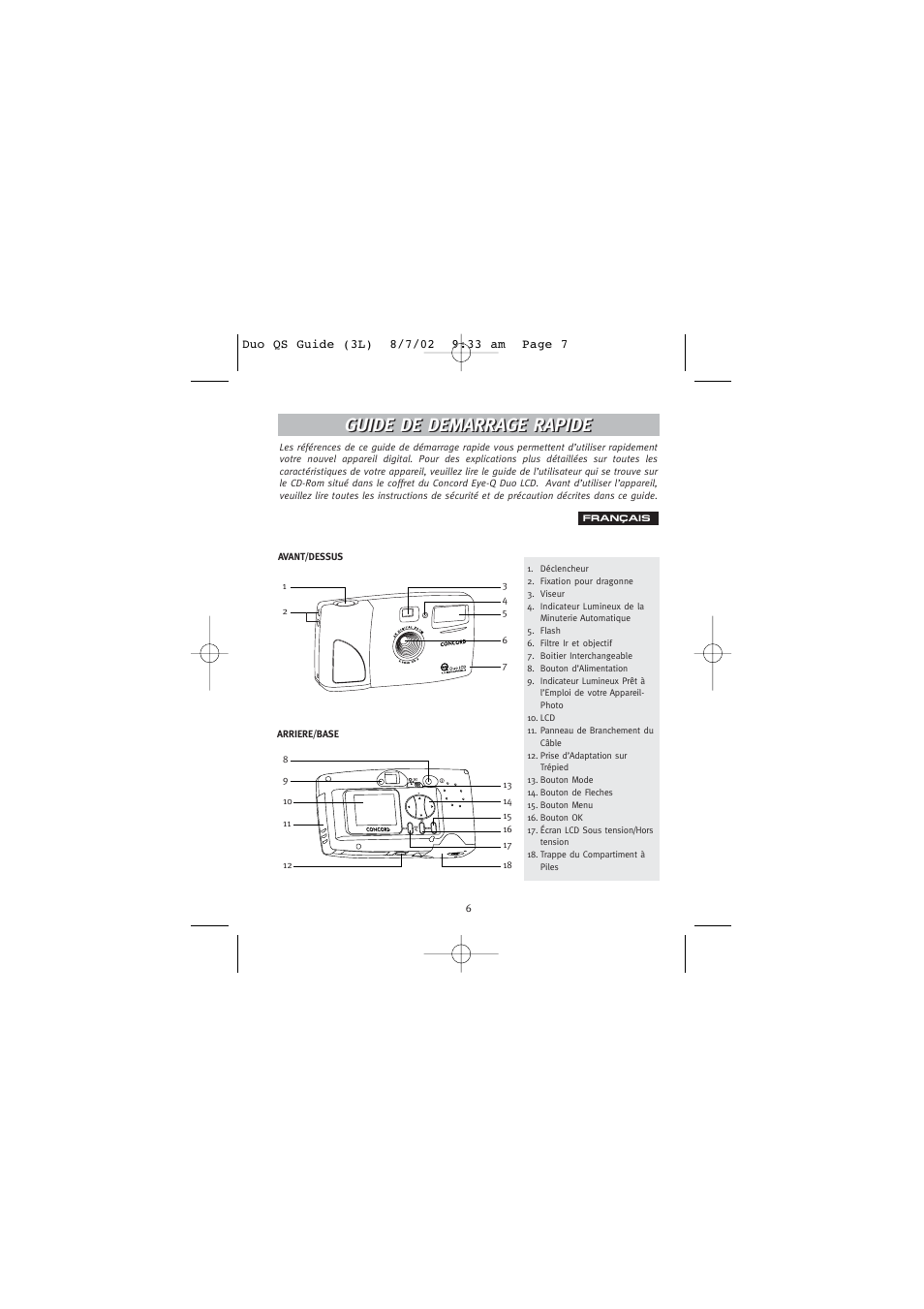 Français, Guide de demarrage rapide, Avant/dessus | Arriere/base | Concord Camera Eye Q Duo 1.3 Mega Pixels Camera User Manual | Page 8 / 18