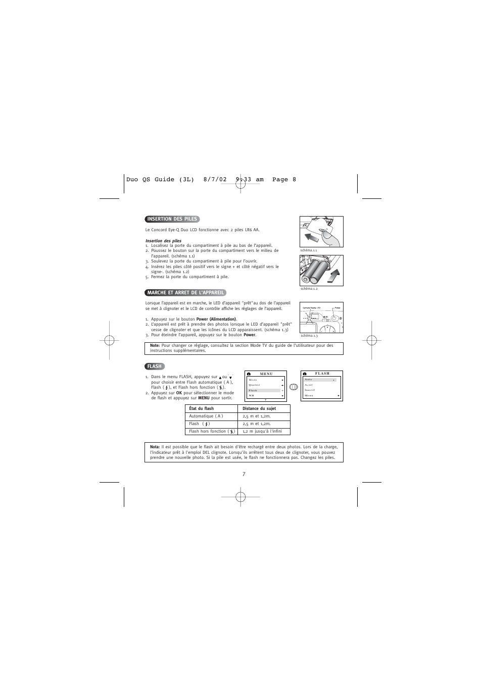 Insertion des piles, Marche et arret de l’appareil, Flash | Concord Camera Eye Q Duo 1.3 Mega Pixels Camera User Manual | Page 9 / 18