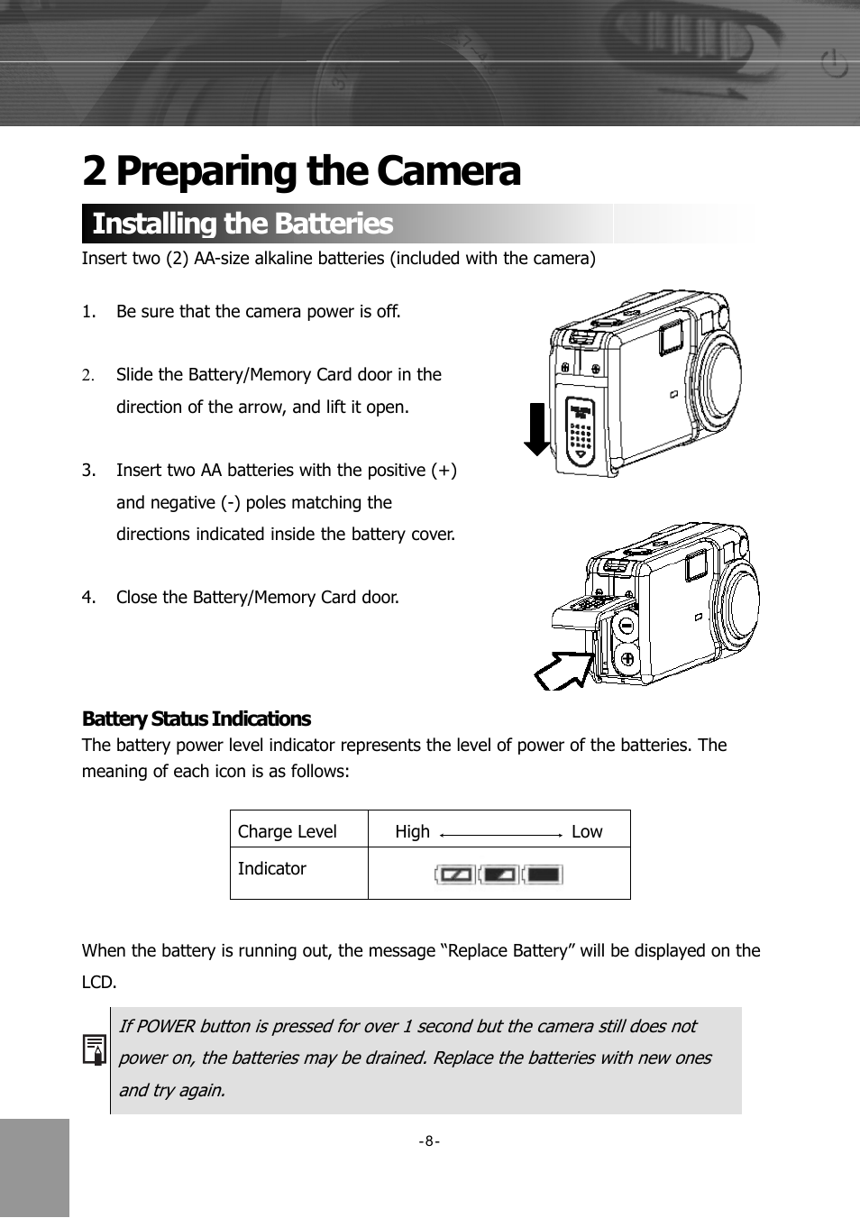 Preparing the camera, Installing the batteries, Battery status indications | 2 preparing the camera | Concord Camera 4340z User Manual | Page 11 / 57