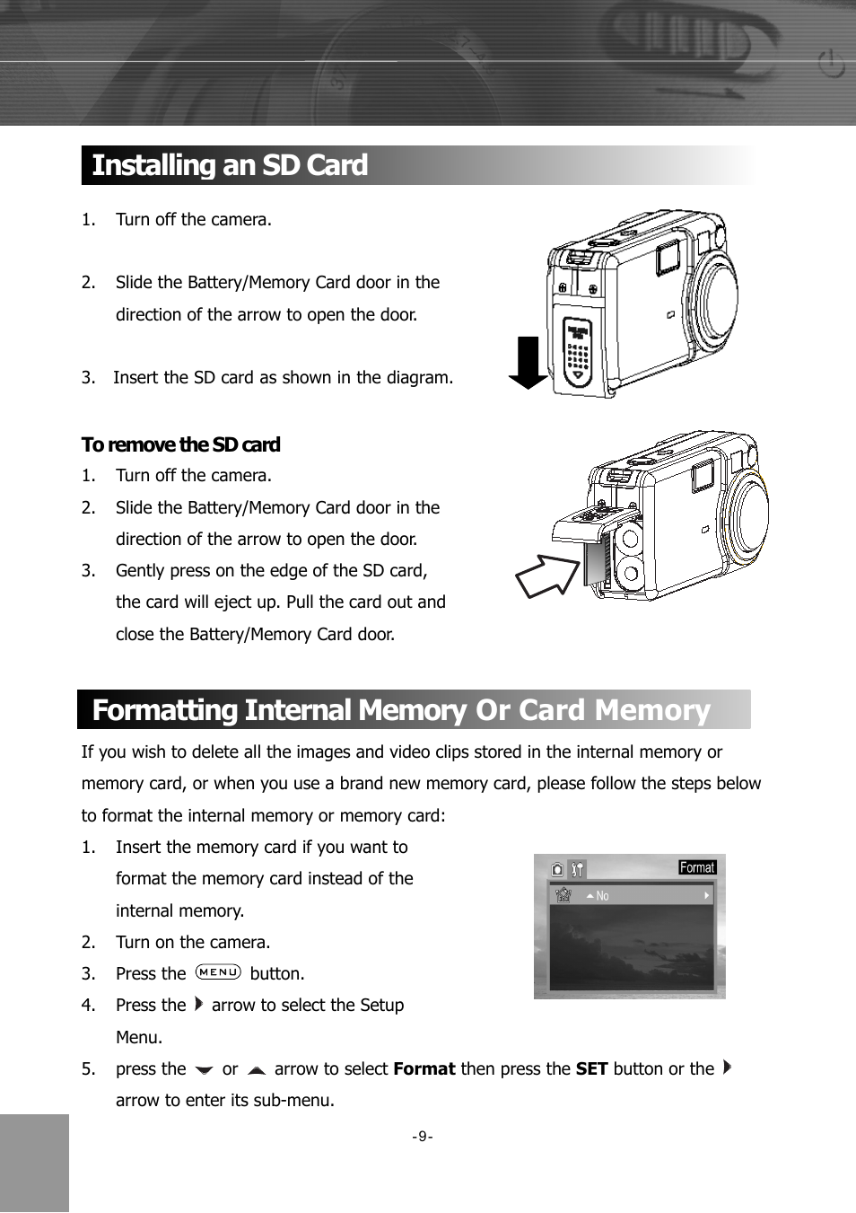 Installing an sd card, To remove the sd card, Formatting internal memory or card memory | Concord Camera 4340z User Manual | Page 12 / 57