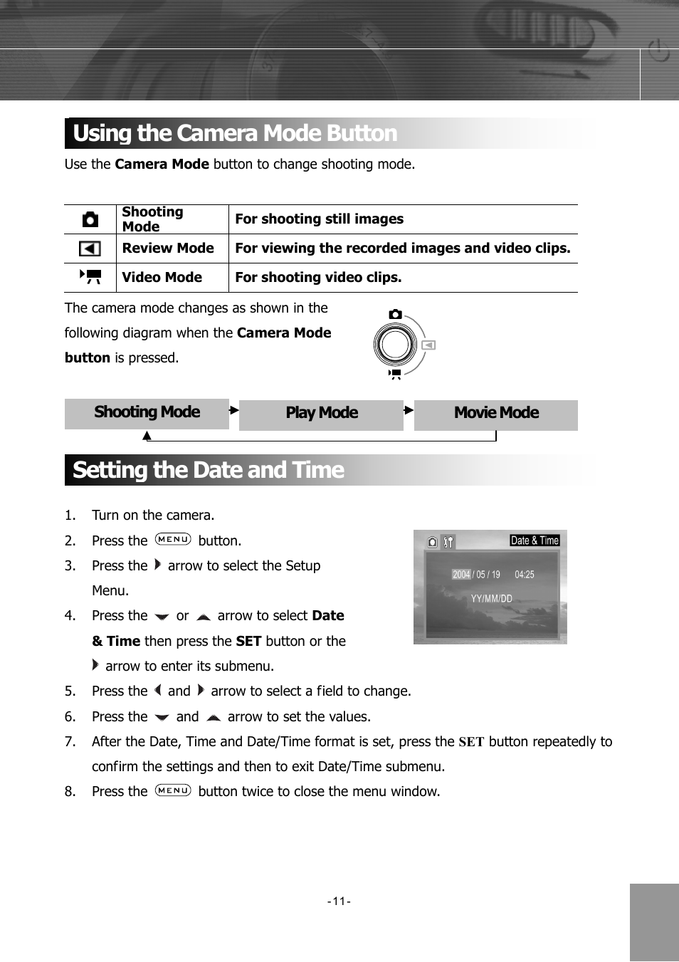 Using the camera mode button, Setting the date and time | Concord Camera 4340z User Manual | Page 14 / 57