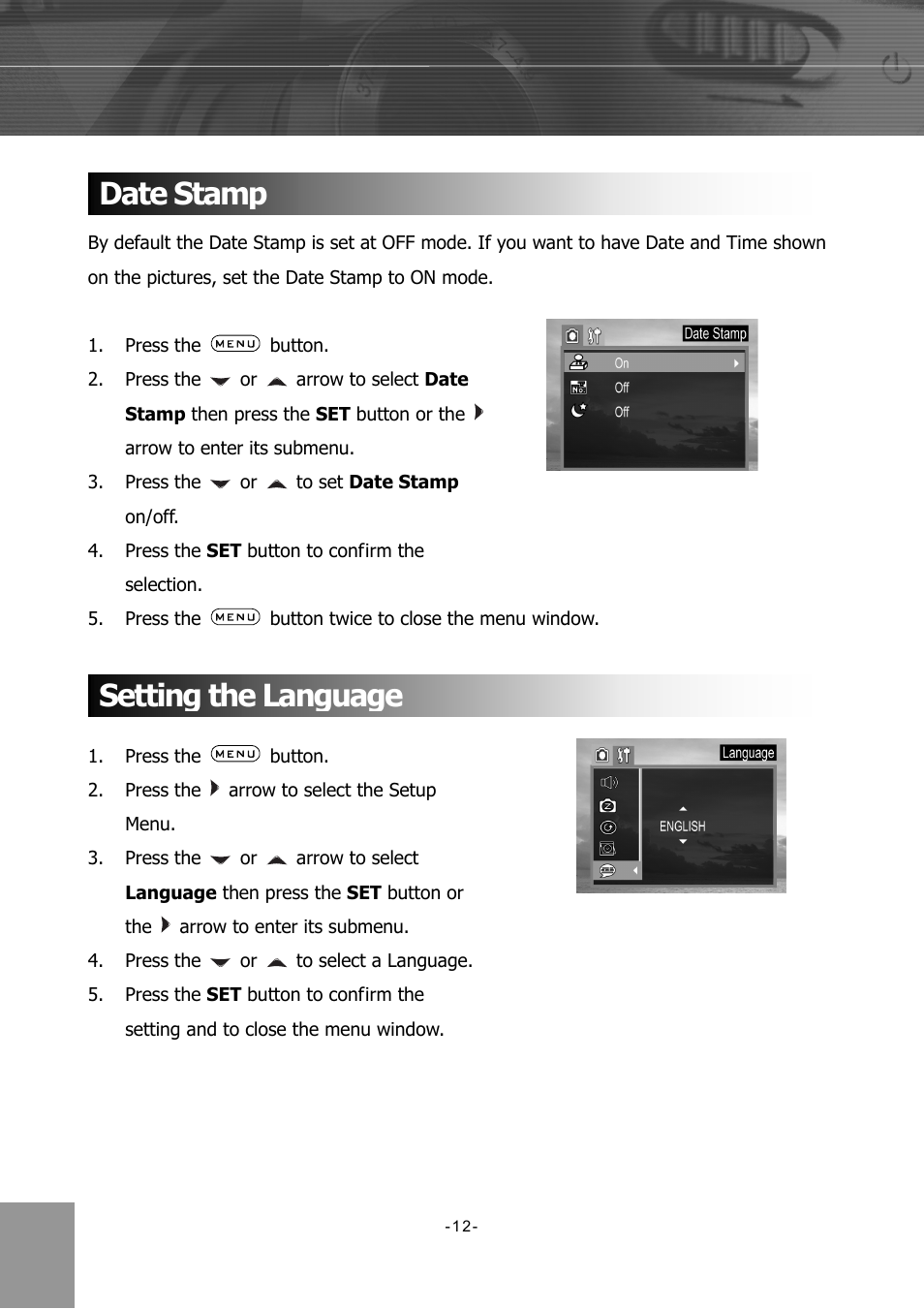 Date stamp, Setting the language, Date stamp setting the language | Concord Camera 4340z User Manual | Page 15 / 57