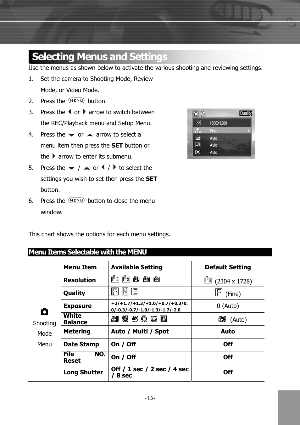 Selecting menus and settings, Menu items selectable with the menu | Concord Camera 4340z User Manual | Page 16 / 57