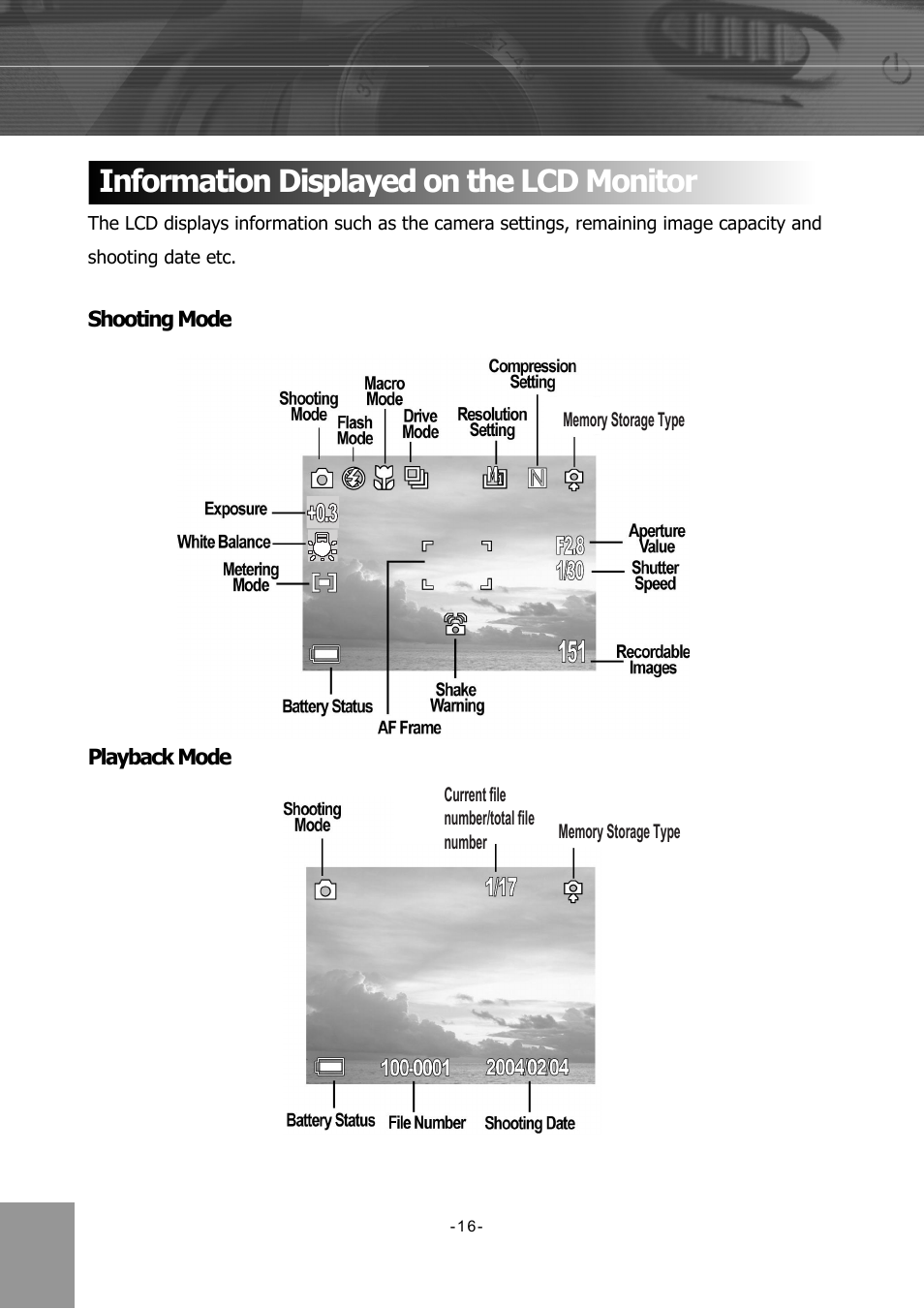 Information displayed on the lcd monitor, Shooting mode, Playback mode | Concord Camera 4340z User Manual | Page 19 / 57