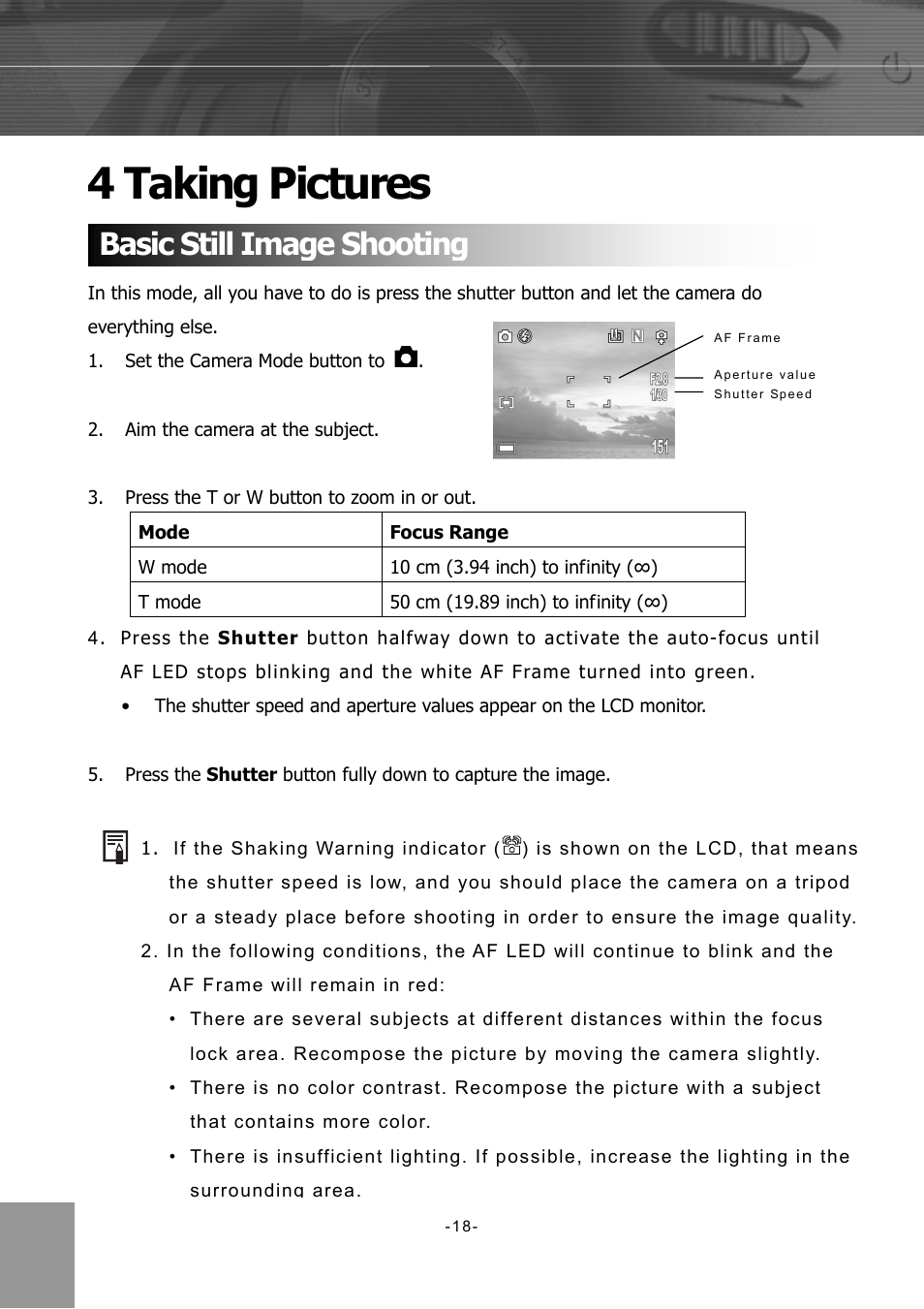 Taking pictures, Basic still image shooting, 4 taking pictures | Concord Camera 4340z User Manual | Page 21 / 57