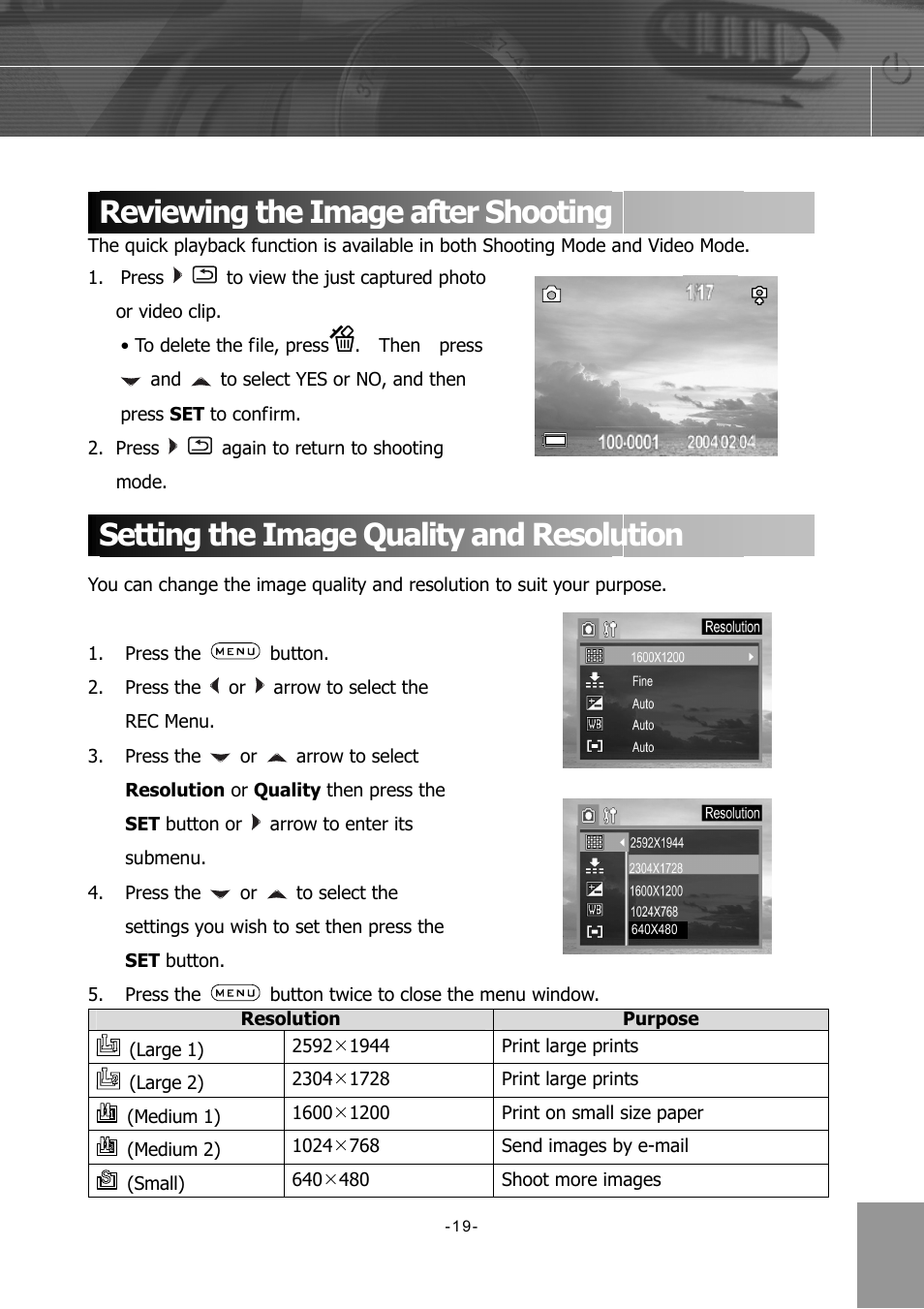 Reviewing the image after shooting, Setting the image quality and resolution | Concord Camera 4340z User Manual | Page 22 / 57