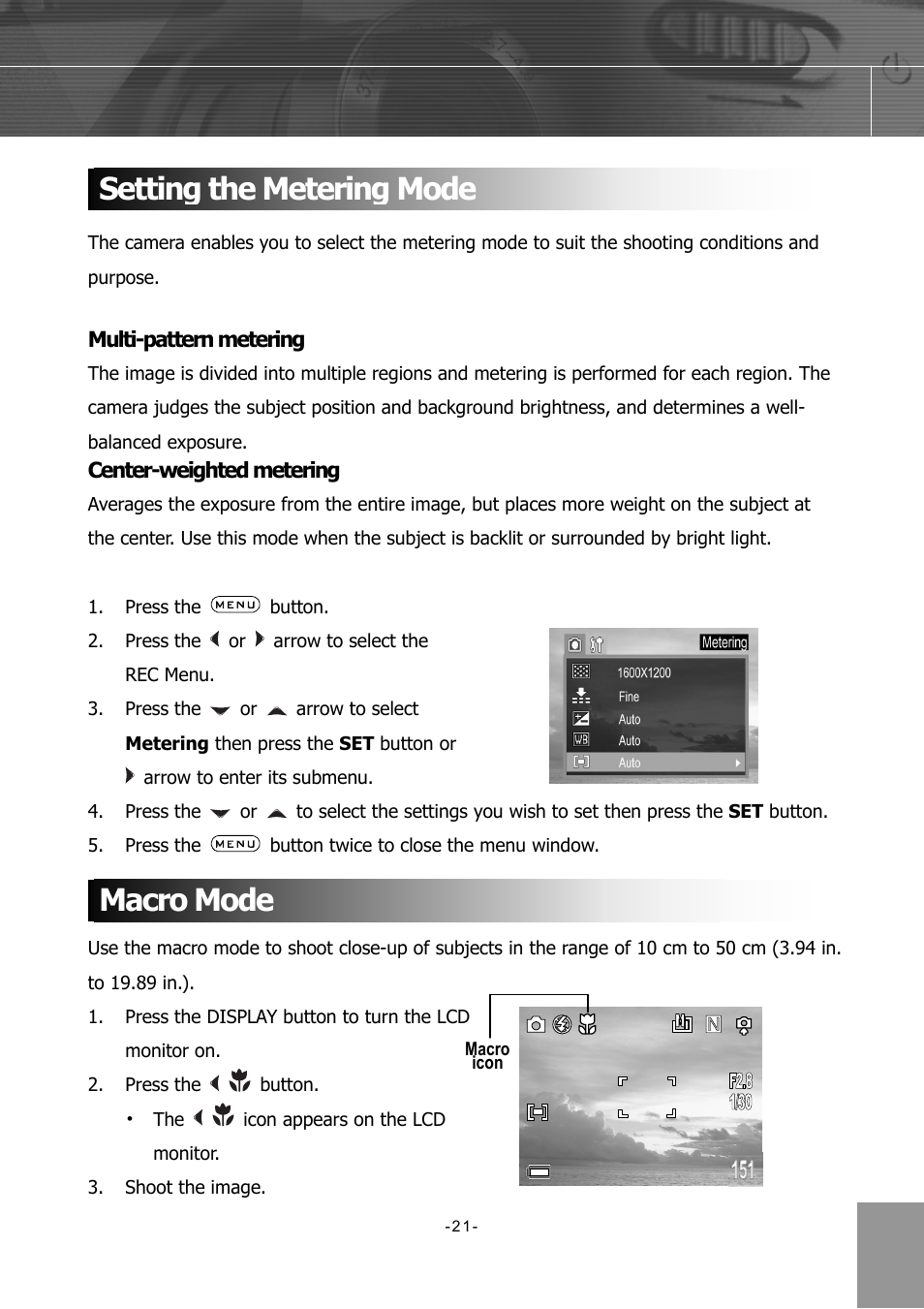 Setting the metering mode, Multi-pattern metering, Center-weighted metering | Macro mode, Setting the metering mode macro mode | Concord Camera 4340z User Manual | Page 24 / 57