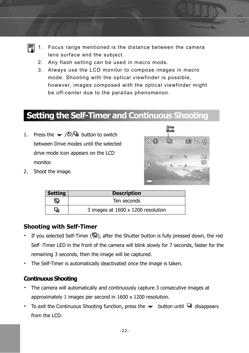 Setting the self-timer and continuous shooting, Shooting with self-timer, Continuous shooting | Concord Camera 4340z User Manual | Page 25 / 57