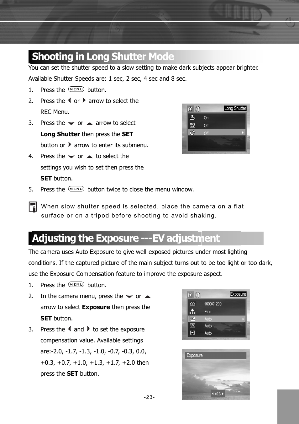 Shooting in long shutter mode, Adjusting the exposure ---ev adjustment | Concord Camera 4340z User Manual | Page 26 / 57