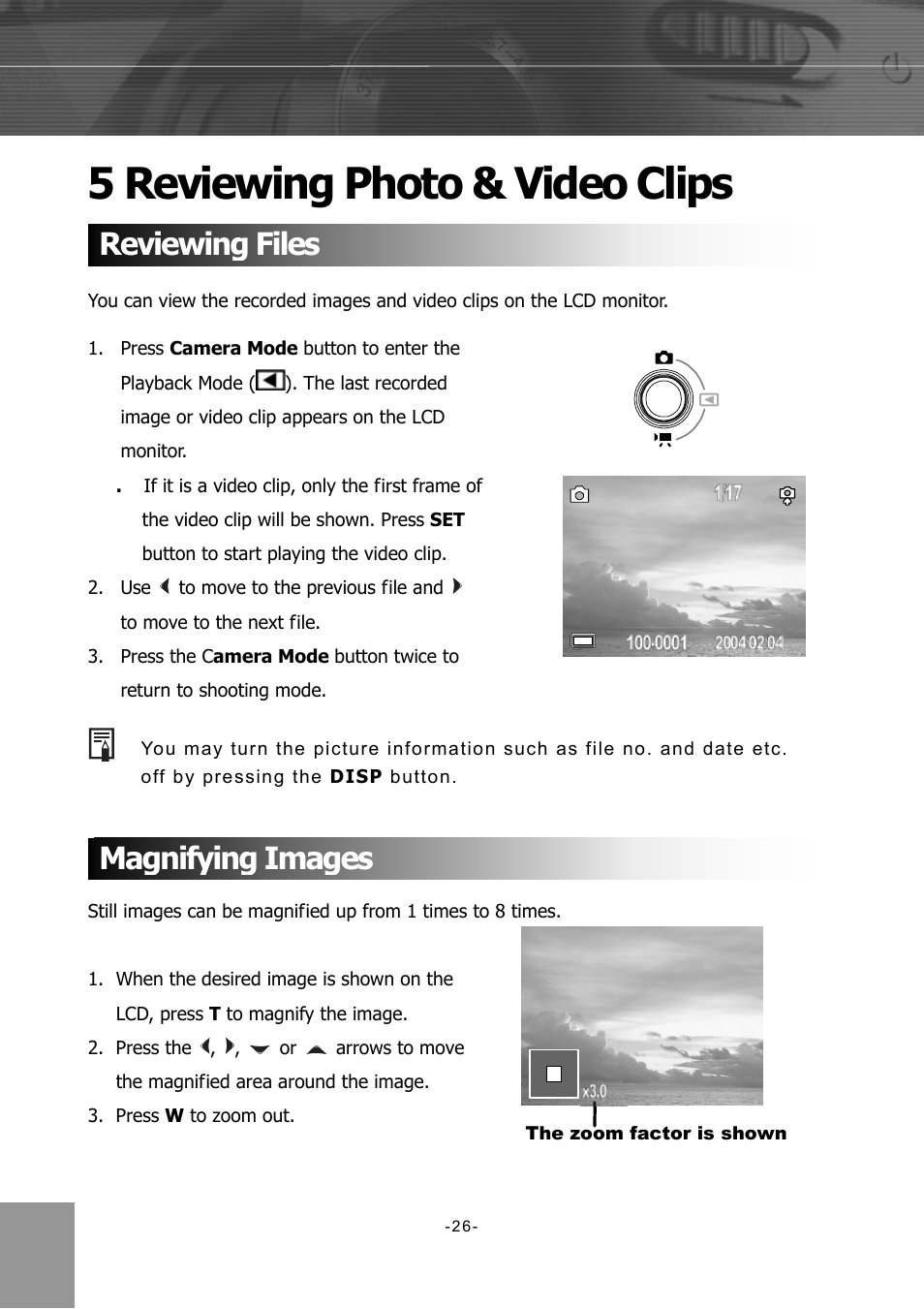 Reviewing photo & video clips, Reviewing files, Magnifying images | 5 reviewing photo & video clips, Reviewing files magnifying images | Concord Camera 4340z User Manual | Page 29 / 57