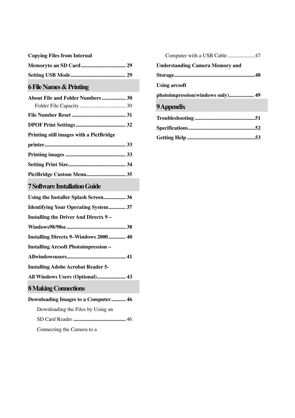 6 file names & printing, 7 software installation guide, 8 making connections | 9 appendix | Concord Camera 4340z User Manual | Page 3 / 57