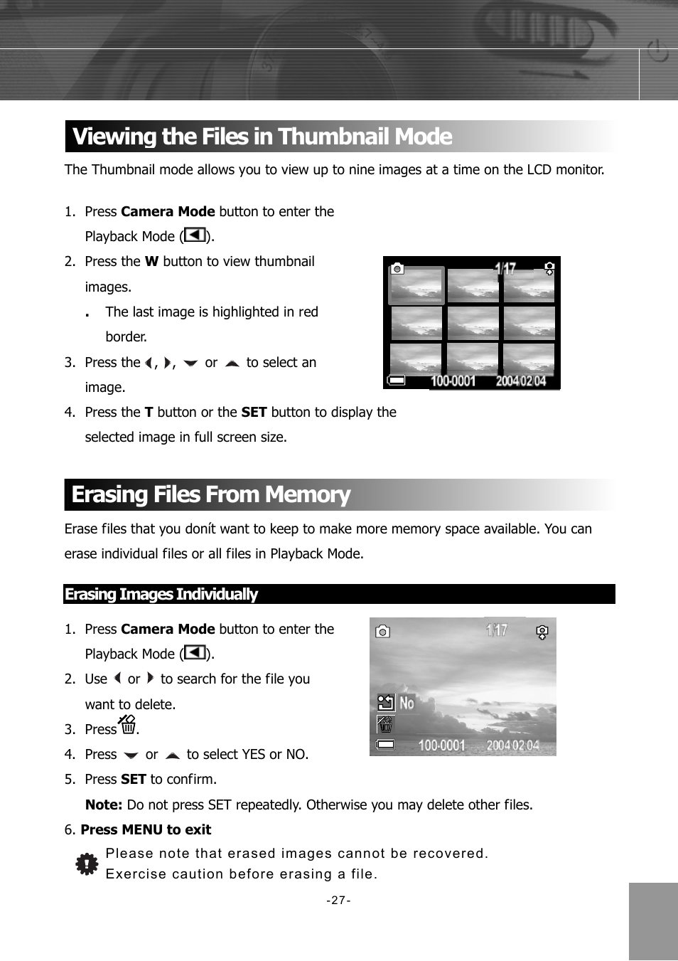 Viewin g the files in thumbnail mode, Erasing files from memory, Erasing images individually | Concord Camera 4340z User Manual | Page 30 / 57