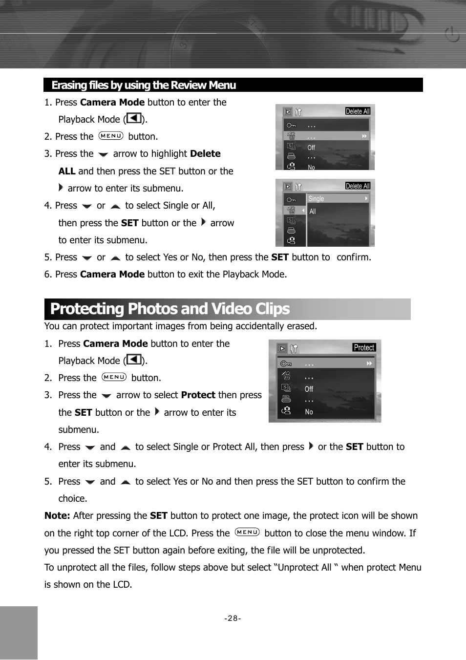 Erasing files by using the review menu, Protecting photos and video clips | Concord Camera 4340z User Manual | Page 31 / 57