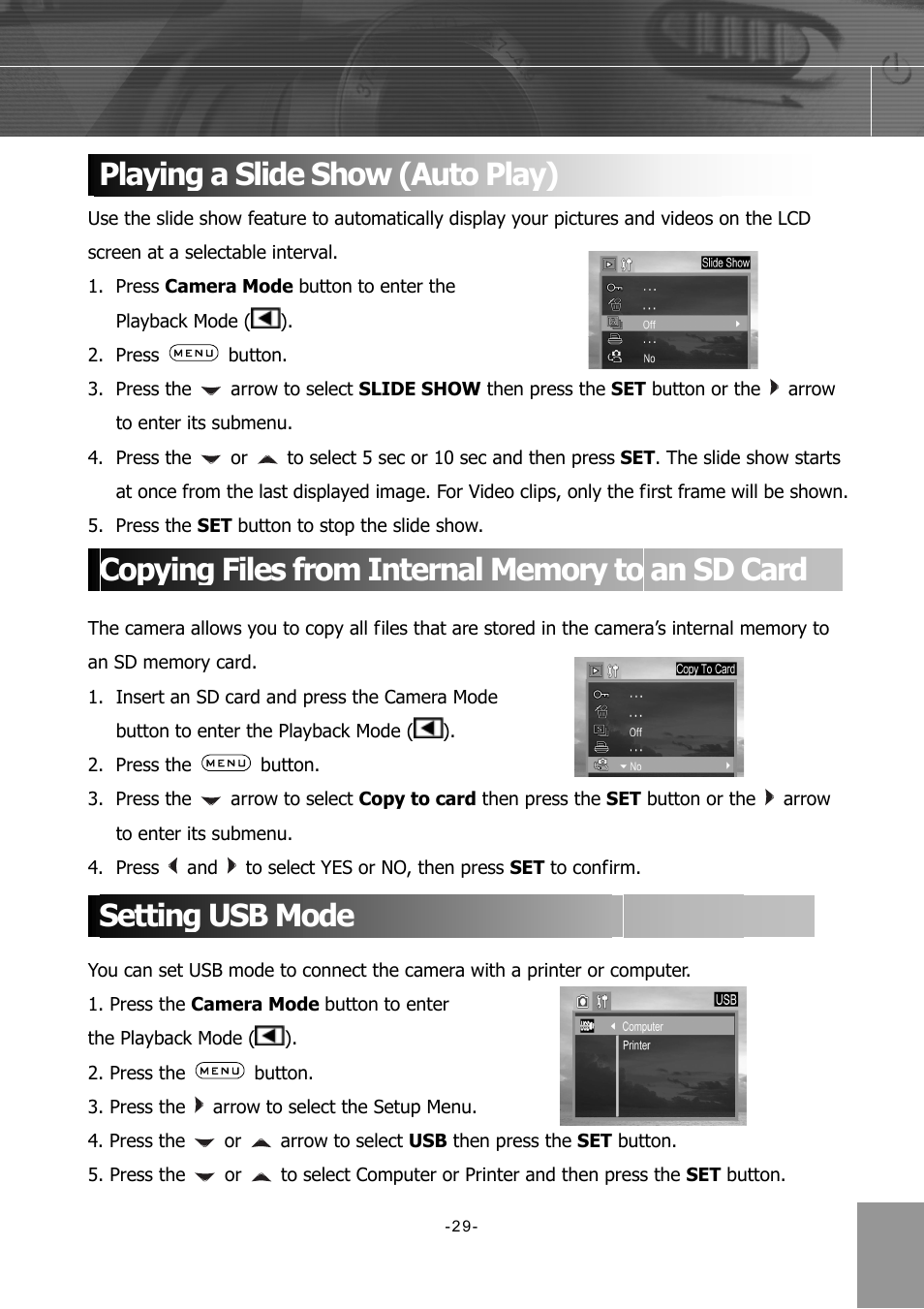 Playing a slide show (auto play), Copying files from internal memory to an sd card, Setting usb mode | Concord Camera 4340z User Manual | Page 32 / 57