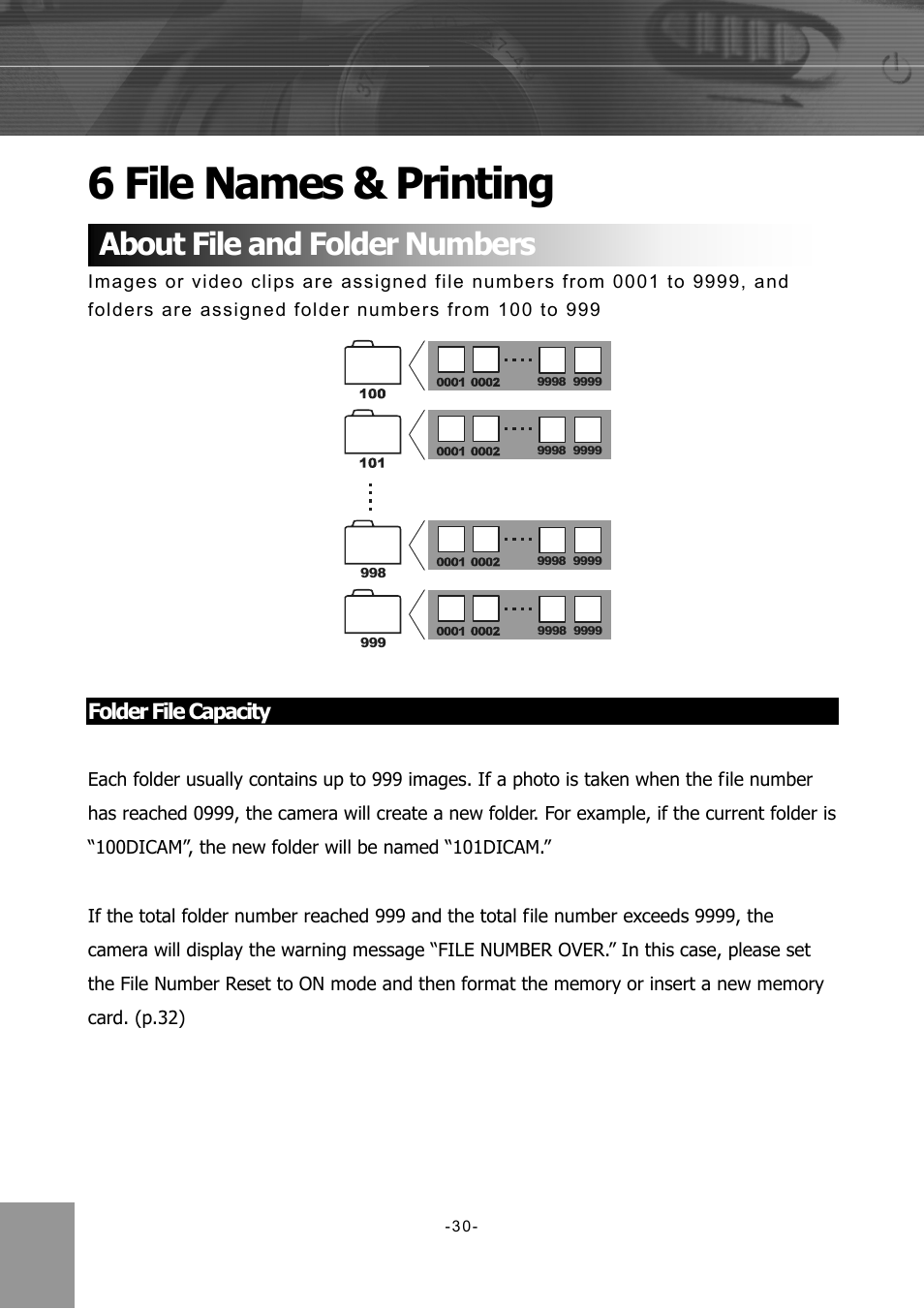 File names & printing, About file and folder numbers, Folder file capacity | 6 file names & printing | Concord Camera 4340z User Manual | Page 33 / 57