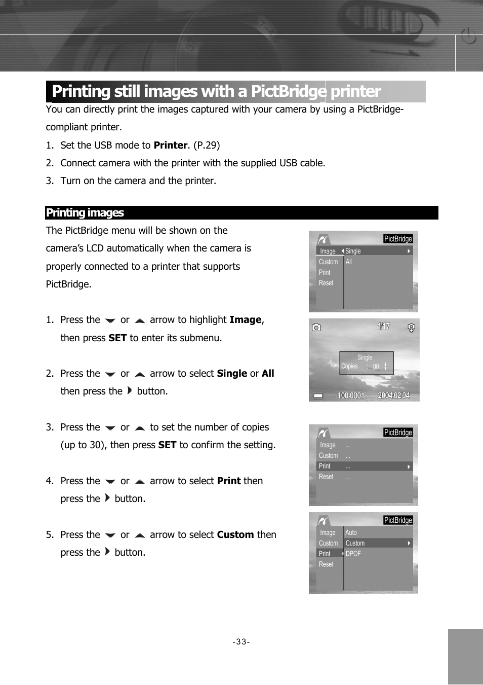 Printing still images with a pictbridge printer, Printing images | Concord Camera 4340z User Manual | Page 36 / 57