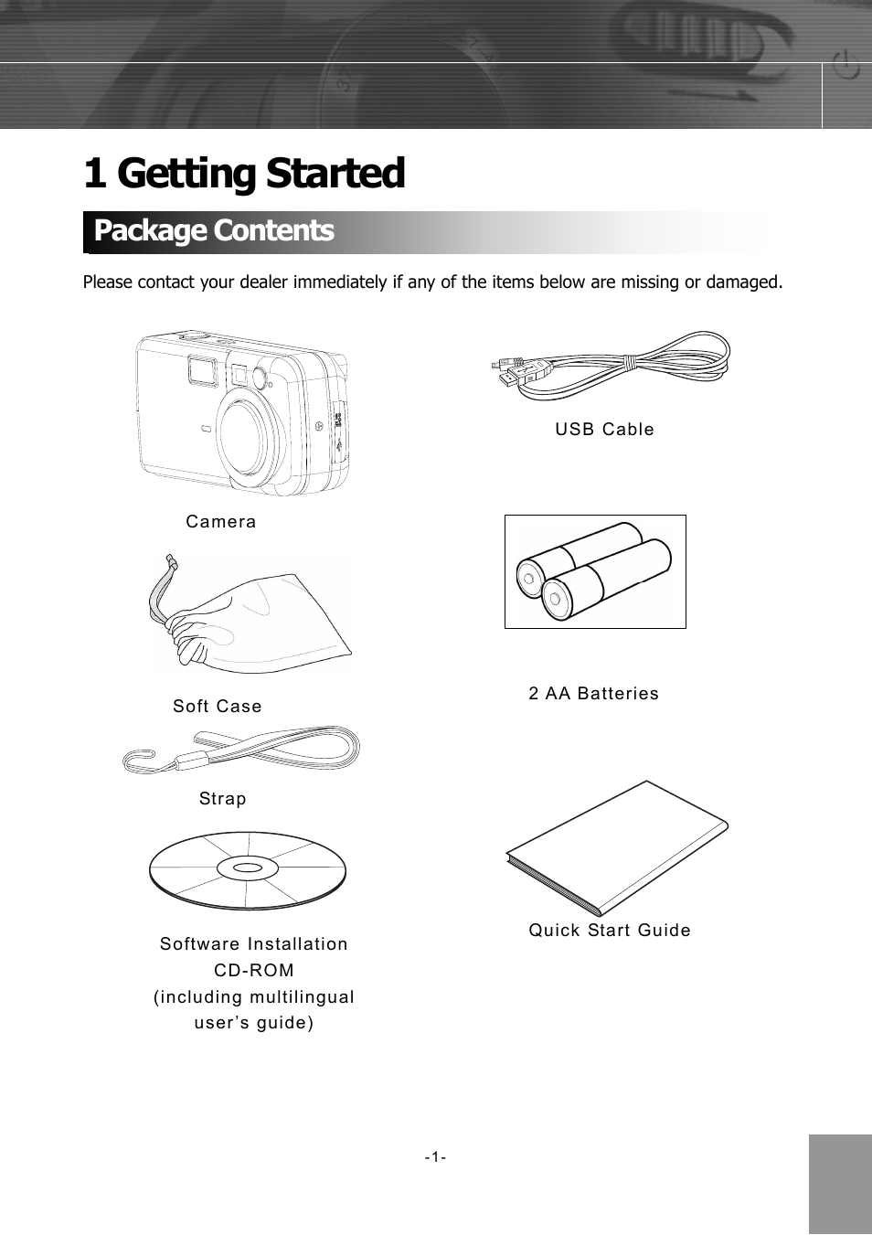Getting started, Package contents, 1 getting started | Concord Camera 4340z User Manual | Page 4 / 57