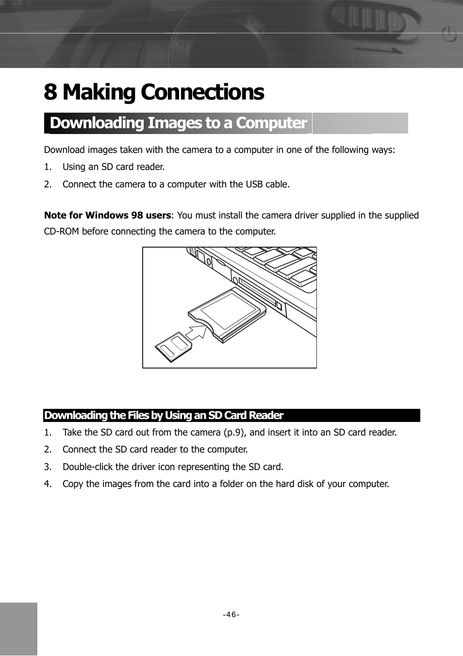 Making connections, Downloading images to a computer, Downloading the files by using an sd card reader | 8 making connections | Concord Camera 4340z User Manual | Page 49 / 57