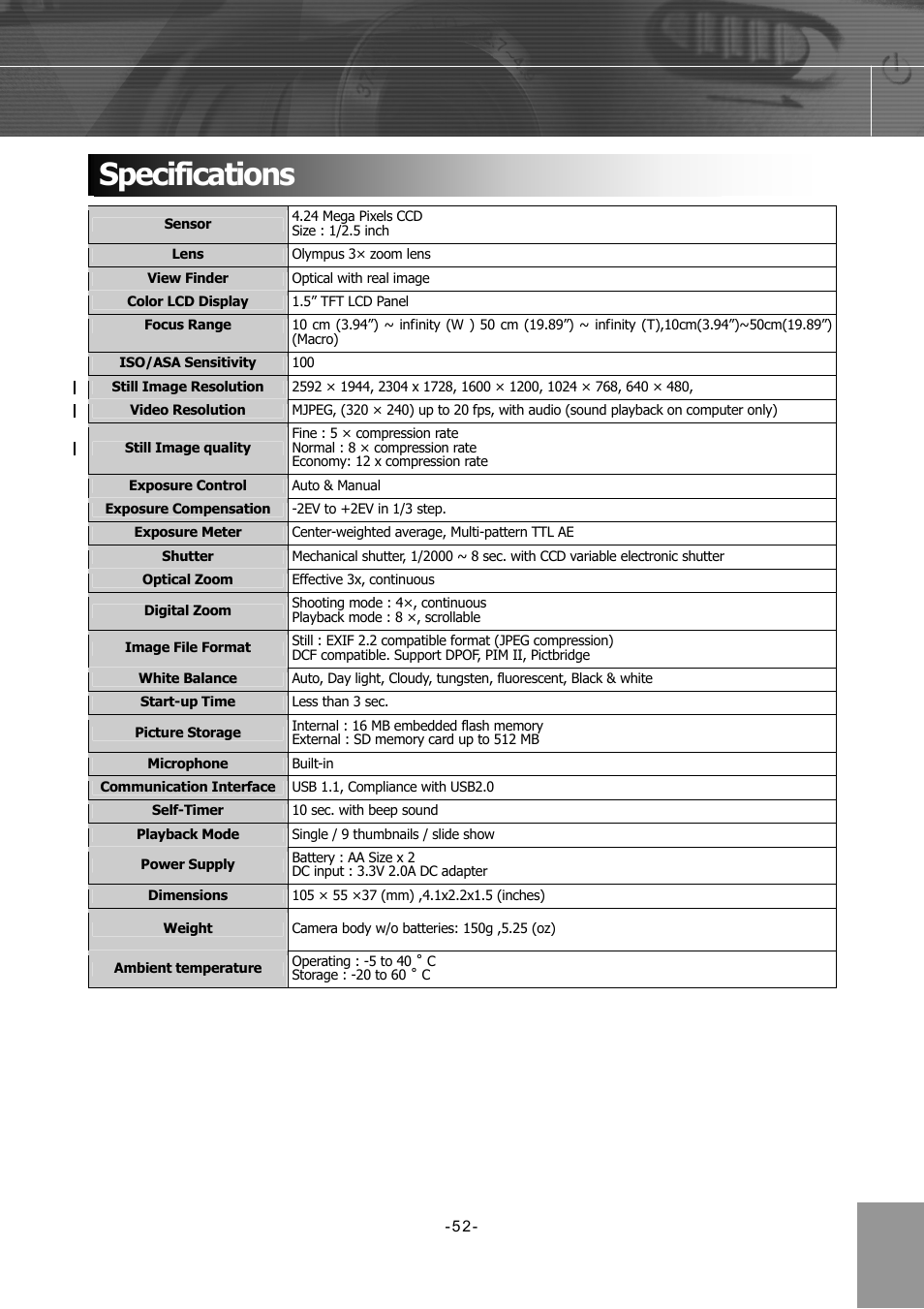Specifications | Concord Camera 4340z User Manual | Page 55 / 57