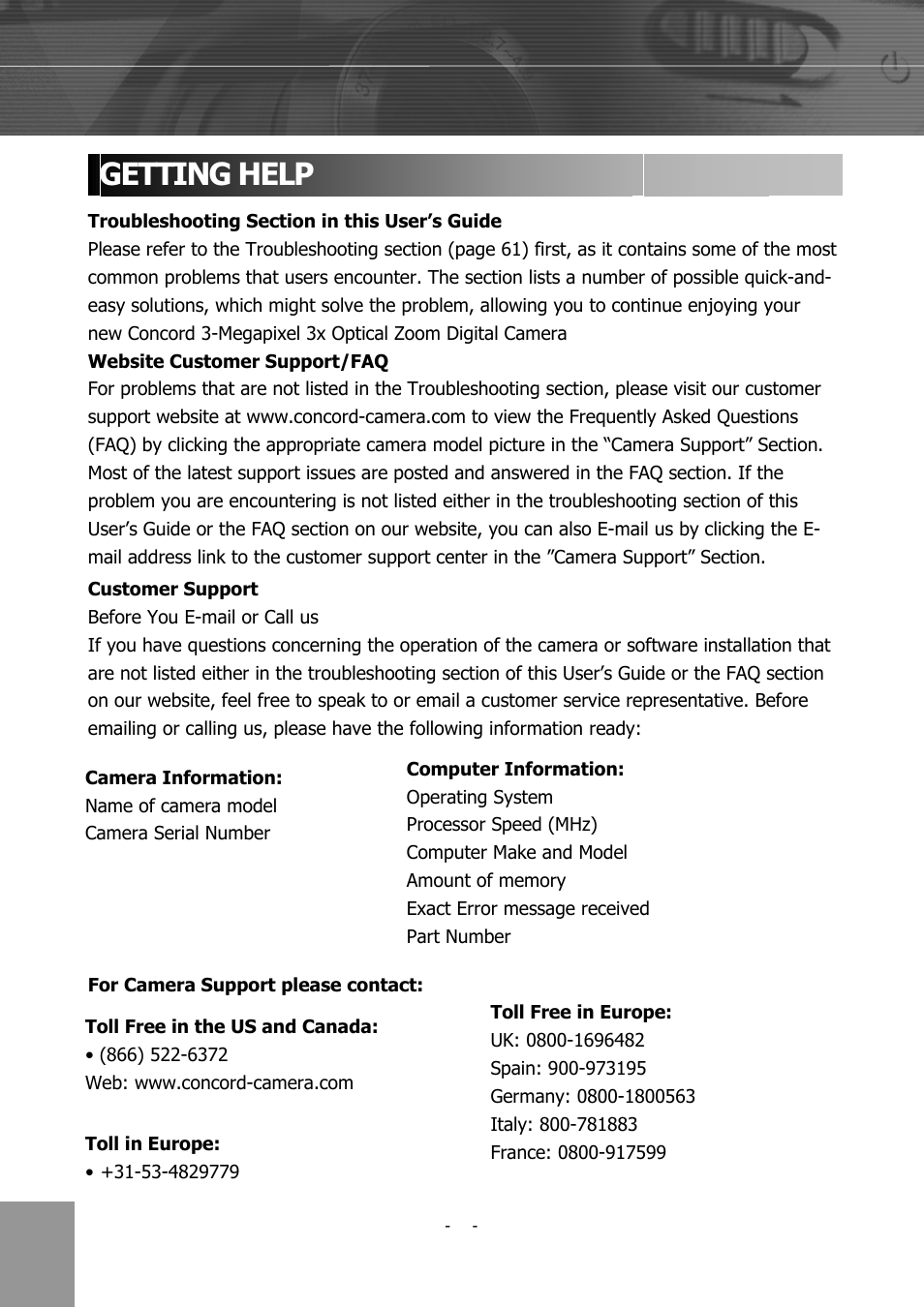 Getting help | Concord Camera 4340z User Manual | Page 56 / 57