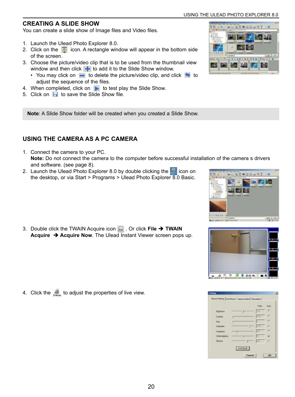 Creating a slide show, Using the camera as a pc camera | Concord Camera Eye-Q User Manual | Page 21 / 30