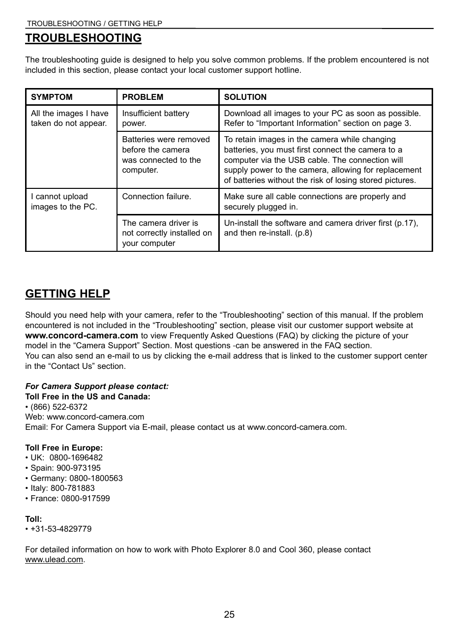 Troubleshooting, Getting help | Concord Camera Eye-Q User Manual | Page 26 / 30