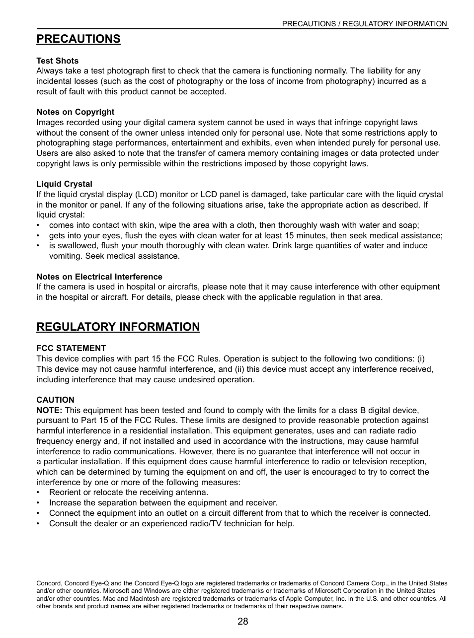 Precautions, Regulatory information | Concord Camera Eye-Q User Manual | Page 29 / 30